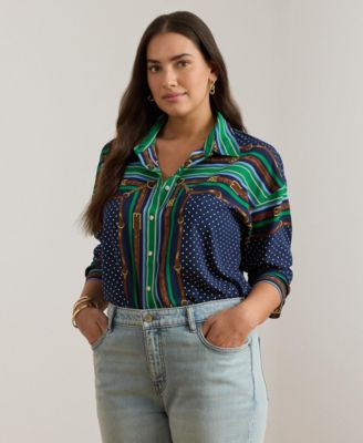 Plus Size Point Collared Belting & Polka-Dot Shirt