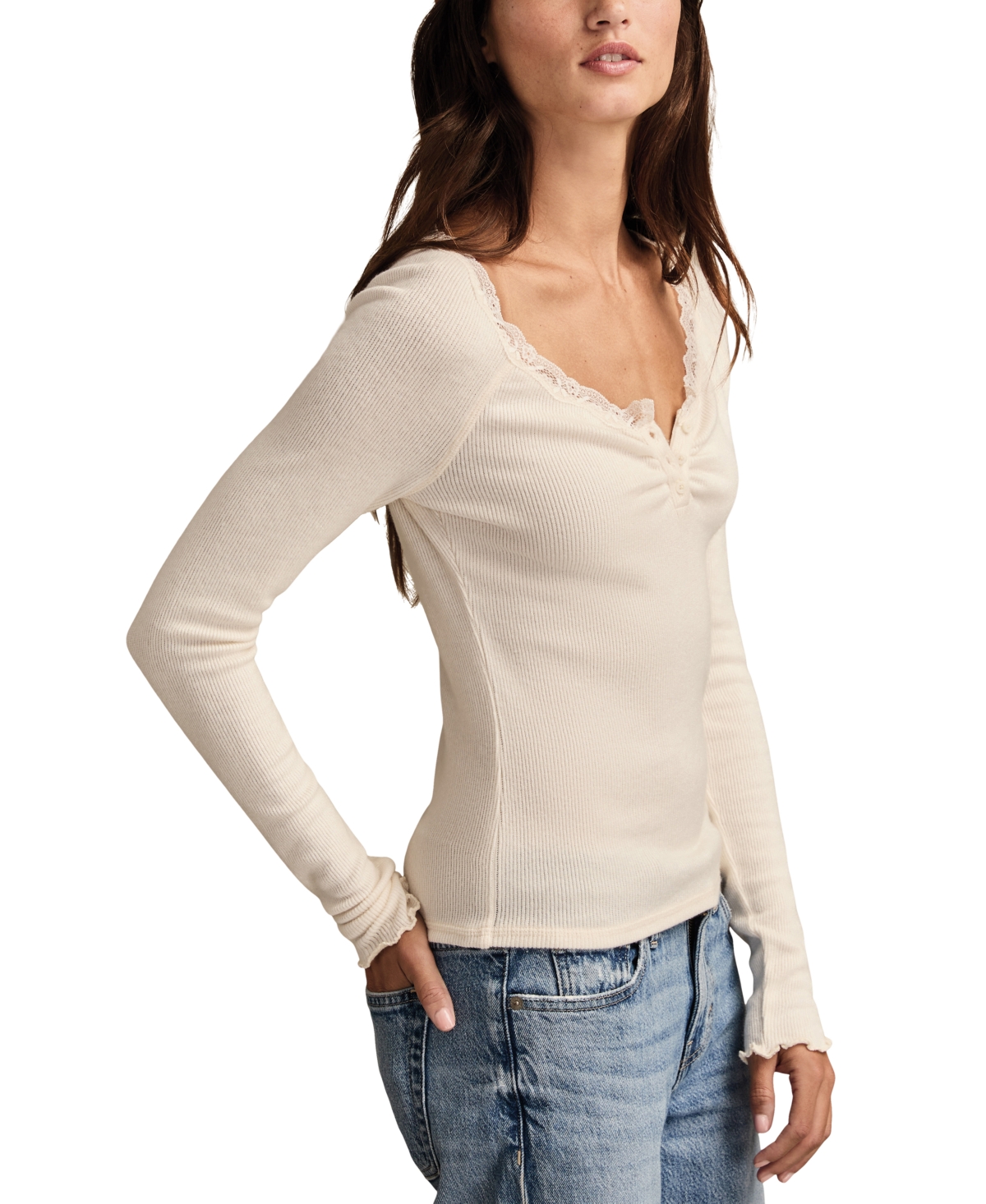 Lucky Brand Women's Lace Trim Henley Top