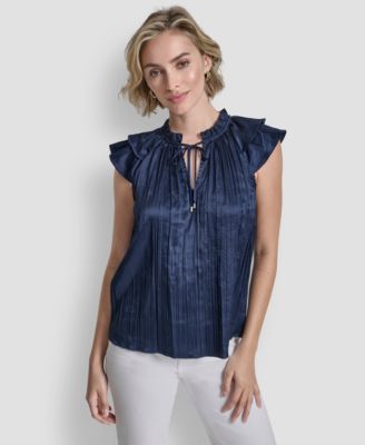 Women's Short-Sleeve Pleated Tie-Front Blouse
