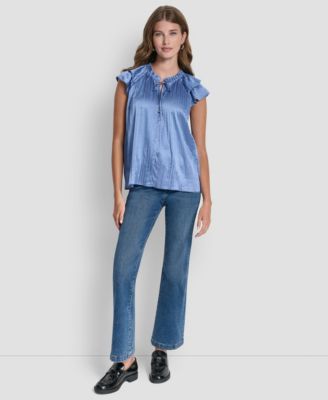 Women's Short-Sleeve Pleated Tie Front Blouse