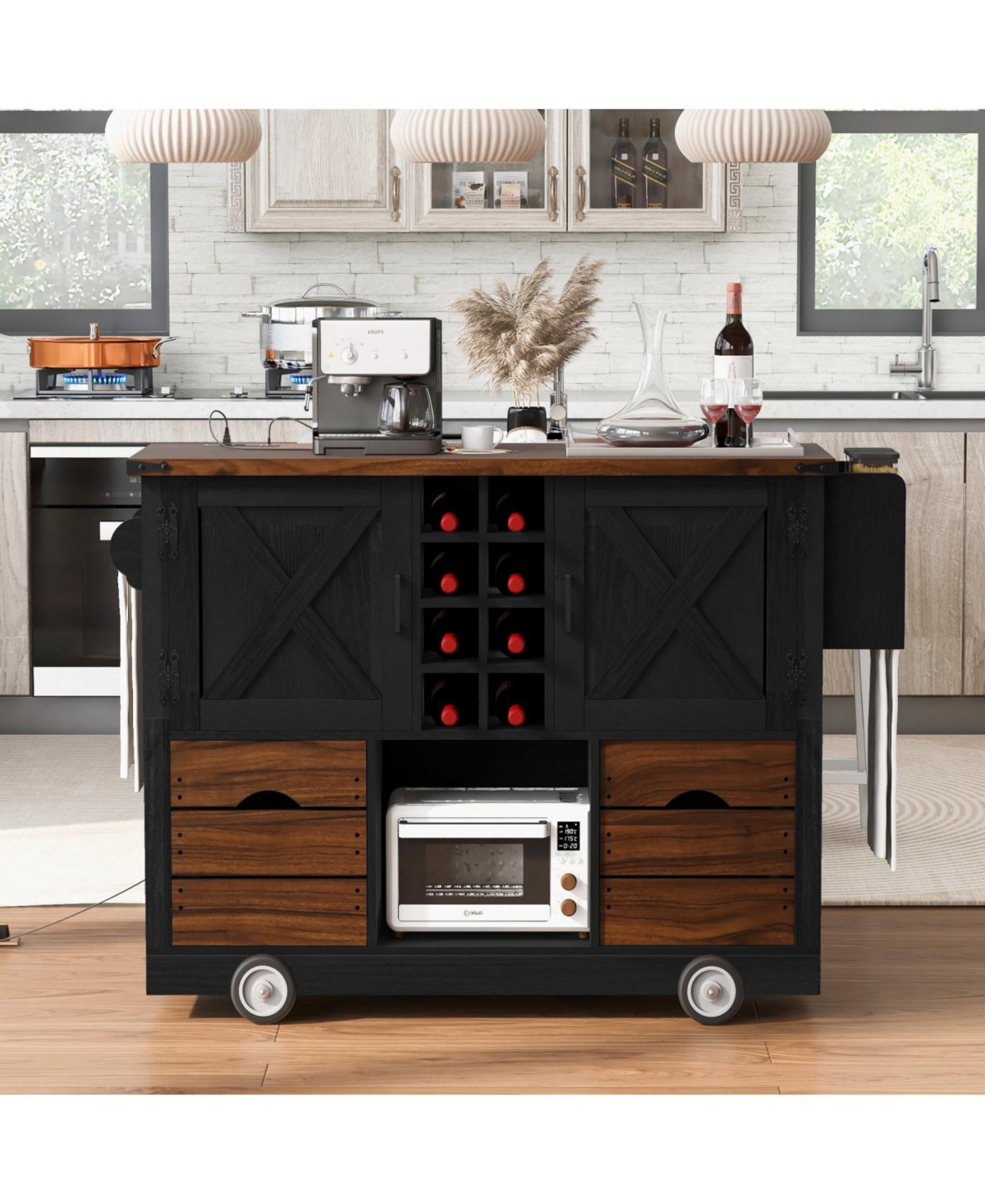 Streamdale Furniture Farmhouse Kitchen Island with Drop Leaf and Power Outlet