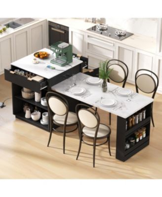 Fluted Kitchen Island with Extendable Dining Table, Power Outlet & Storage