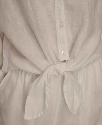 Women's Linen Long Blouson Sleeve Button Adjustable Tie Shirt