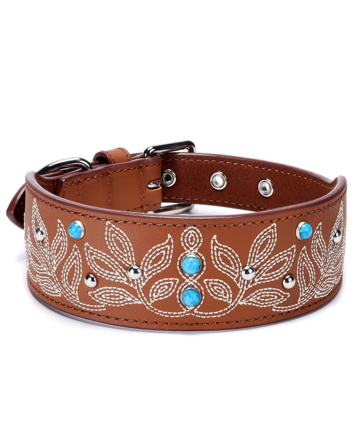 Blueberry Pet Western Style Full Grain Genuine Leather Embroidered Dog Collar with Pearl or Turquoise Studs