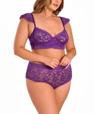 Plus Size Purple Stretch Lace Bralette Lingerie Set