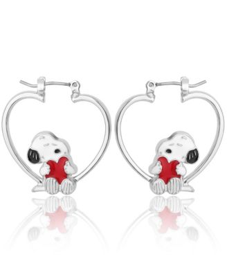 Snoopy Heart Hoop Earrings, Silver-Tone with Red Enamel
