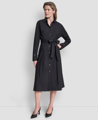 Women's Long-Sleeve Collared Neck Midi Shirt Dress