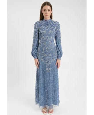 Women's Modest Embellished Sequin Beaded Dress Maxi With Cuff Sleeves