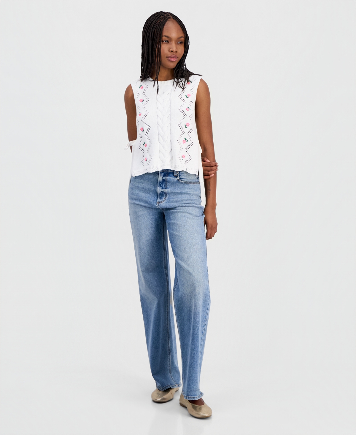 Hooked Up by Iot Juniors' Embroidered Floral Side-Tie Sleeveless Sweater