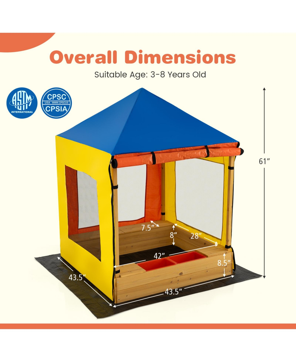 Large Wooden Sandbox with Canopy, Mesh Windows, and Bottom Liner