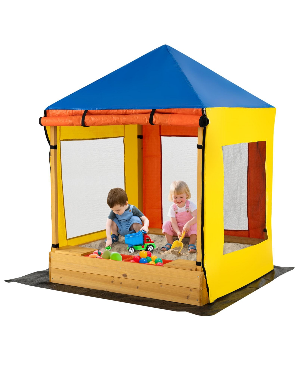 Large Wooden Sandbox with Canopy, Mesh Windows, and Bottom Liner