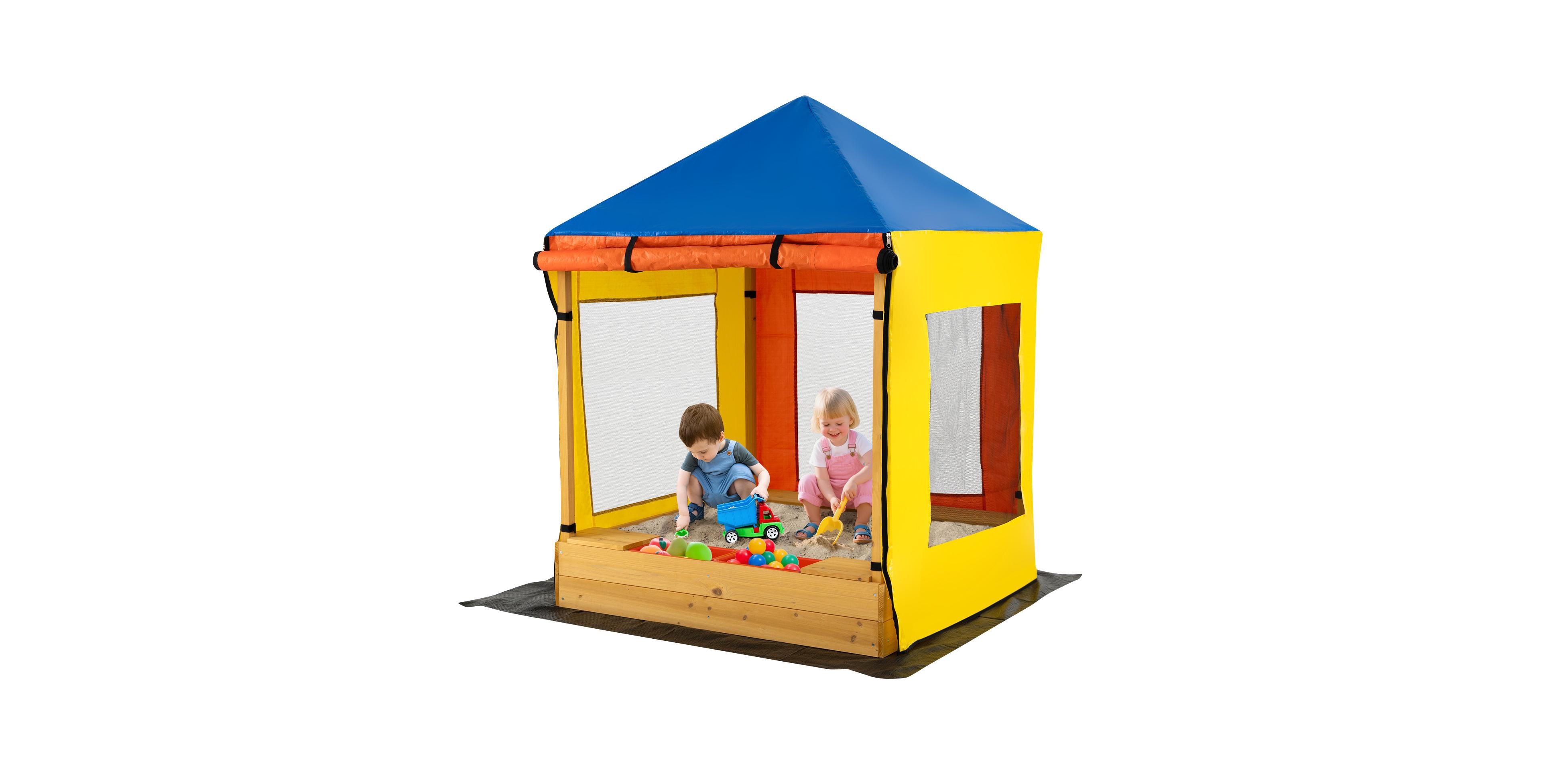 Large Wooden Sandbox with Canopy, Mesh Windows, and Bottom Liner