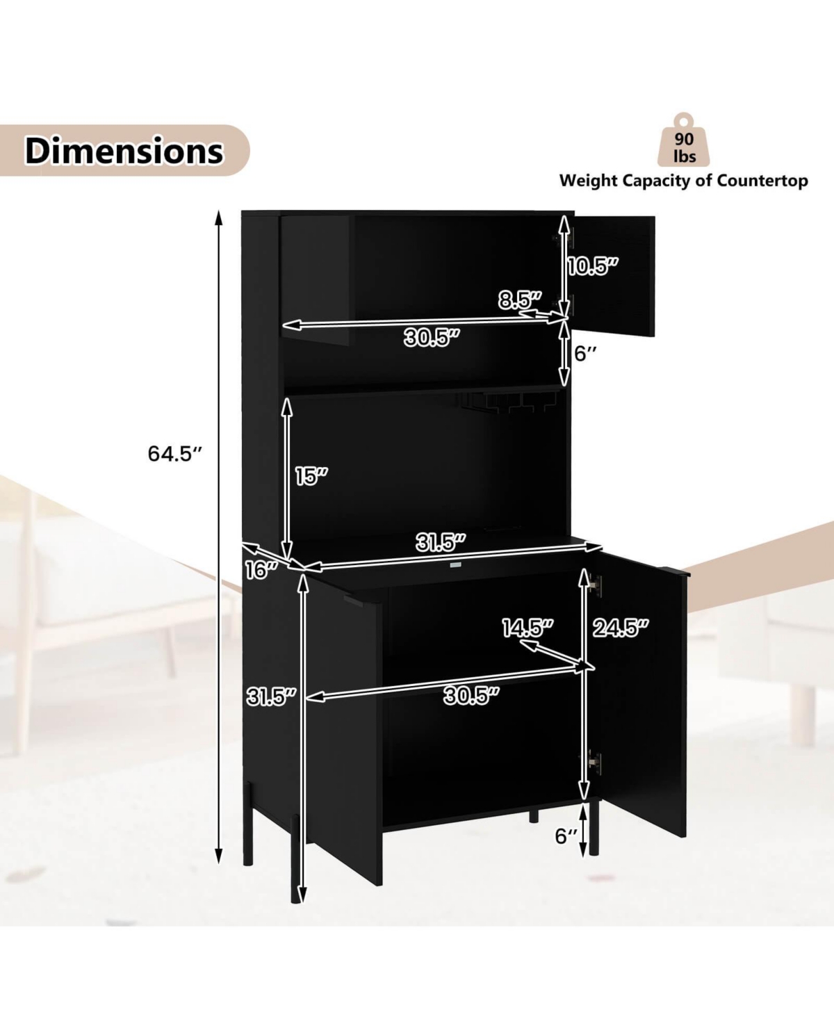 Costway 64.5” Kitchen Pantry Cabinet with Charging Station Wine Glass Rack Adjustable Shelf