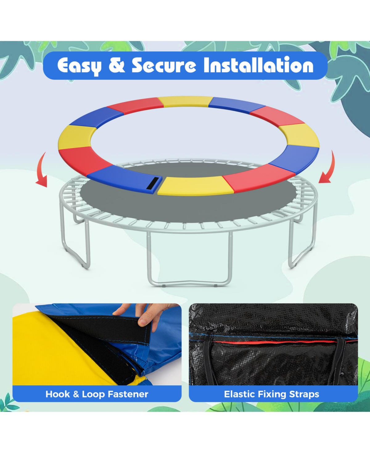 Hongge 12FT Trampoline Replacement Safety Pad with Secure Fixing Straps - Multicolor