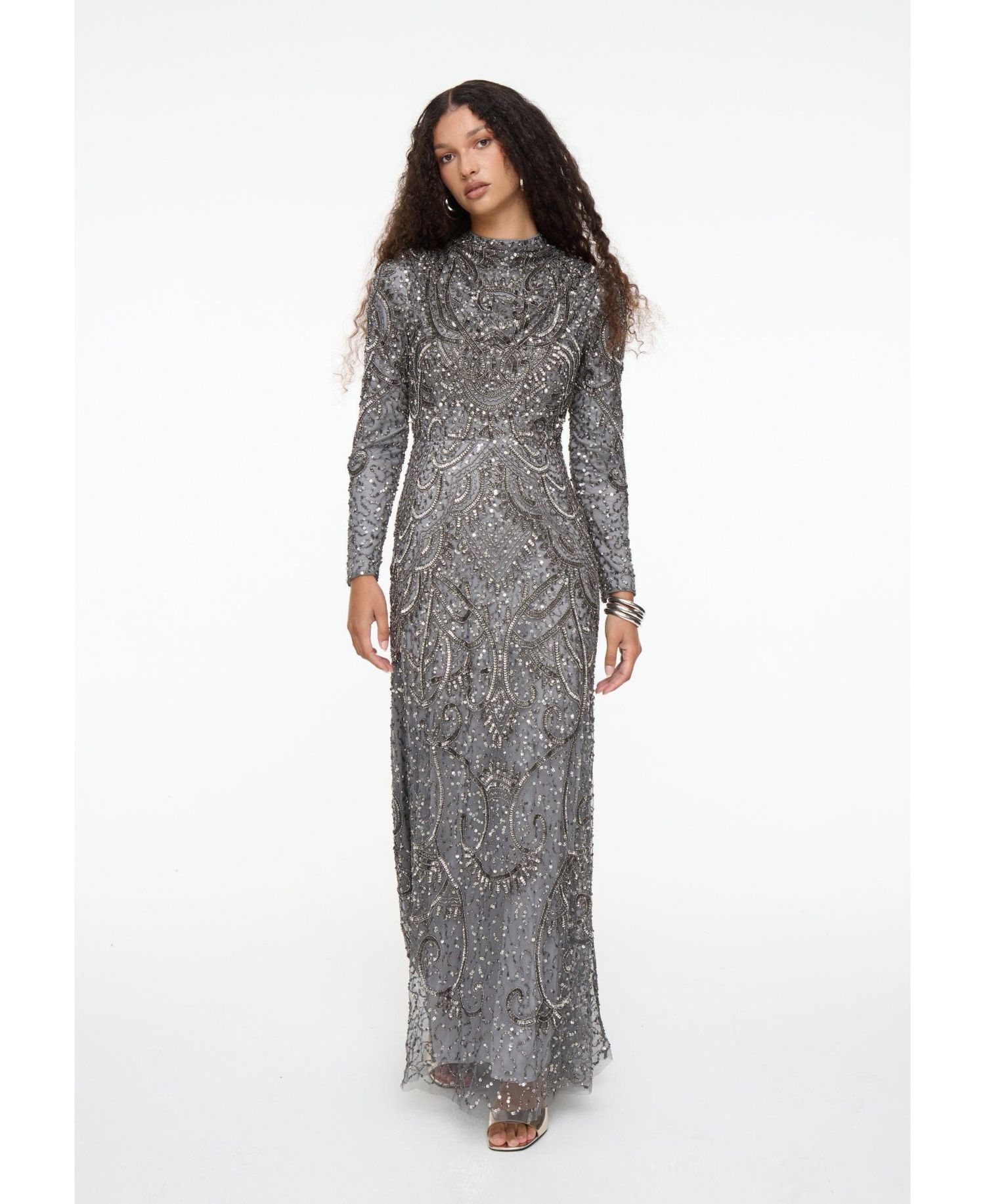 Women's Modest Embellished Sequin Beaded Dress Maxi With Cowl Neck