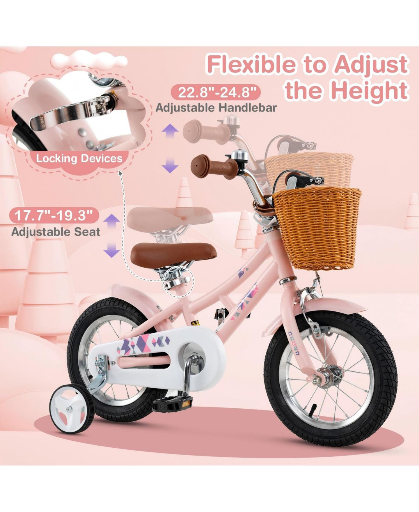 Детская игрушка HONGGE 12-Inch Retro Kids Bike with Training Wheels and Adjustable Height, Ages 3–8, цвет: Розовый — фото 7