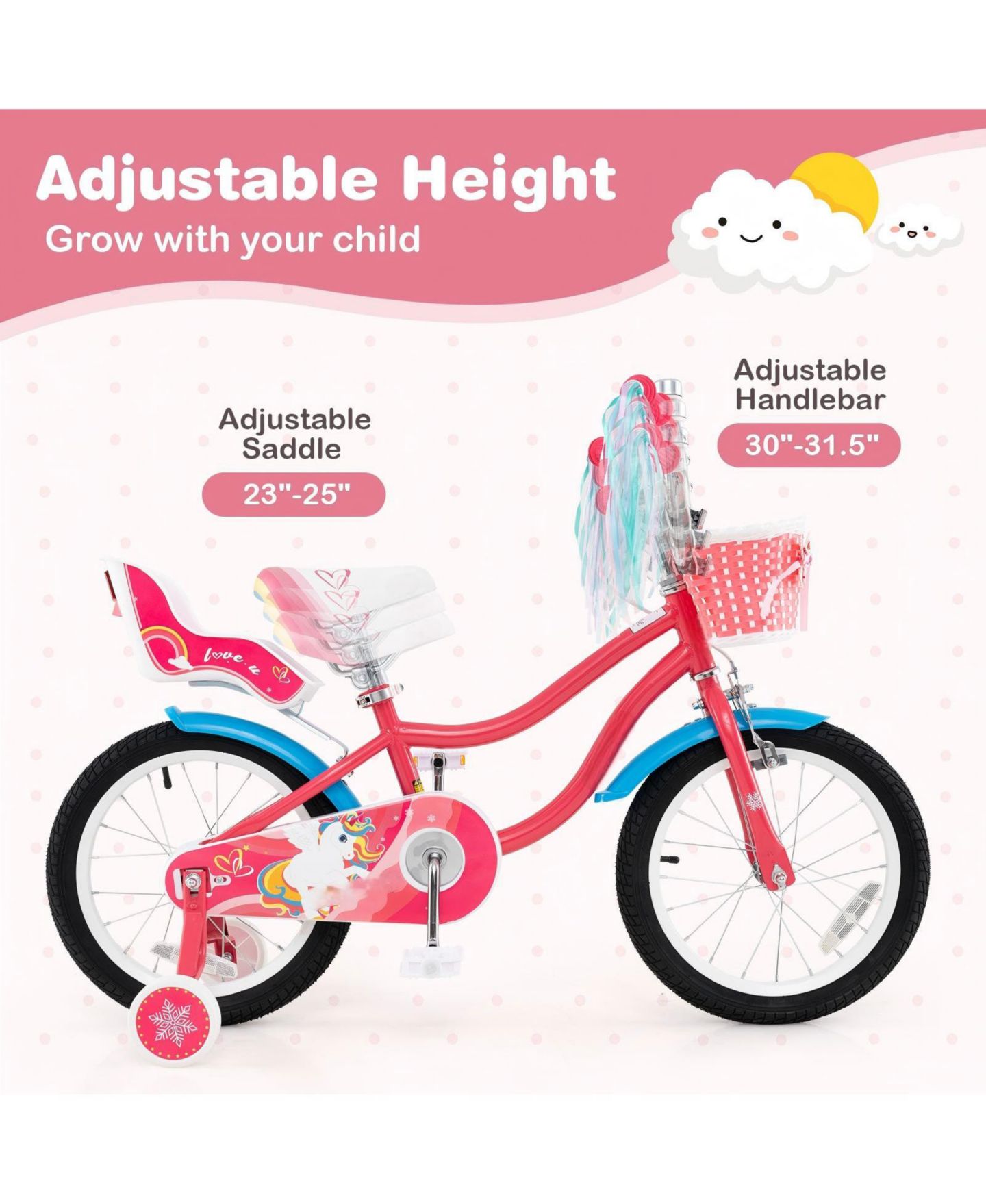 Детская игрушка HONGGE 16-Inch Girls Bike with Training Wheels and Doll Seat, Ages 4–7, цвет: Розовый — фото 7