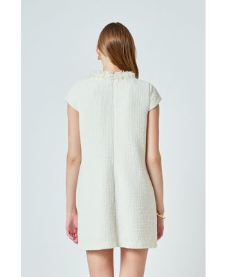 Women's Tweed Shift Dress with Floral Trim