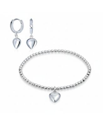 Heart Tag Charm Stretch Bracelet & Dangle Huggie Hoop Earrings Jewelry Set Sterling Silver