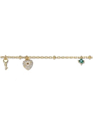14K Gold Plated with Green Cubic Zirconia Heart and Key Charm Anklet