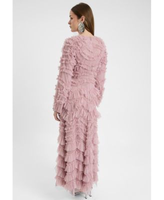 Women's Modest Ruffle Dress Maxi With Self Print Mesh