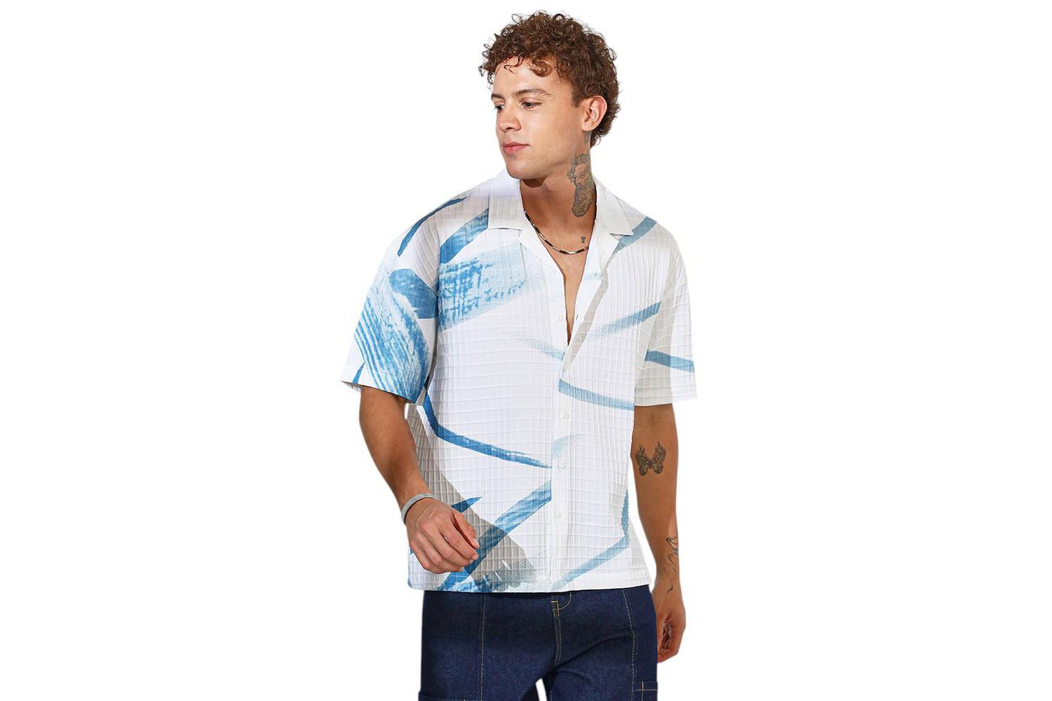 Men's Sky Blue & Chalk White Stroked Waffle Oversized Shirt