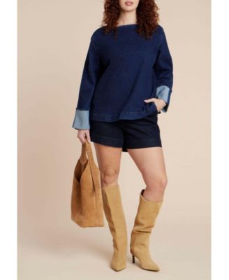 Women's Plus Size Cuffed Sleeve Denim Top