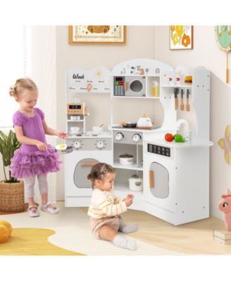 Corner Wooden Play Kitchen with Coffee Maker, Sink, and Slide for Kids - White