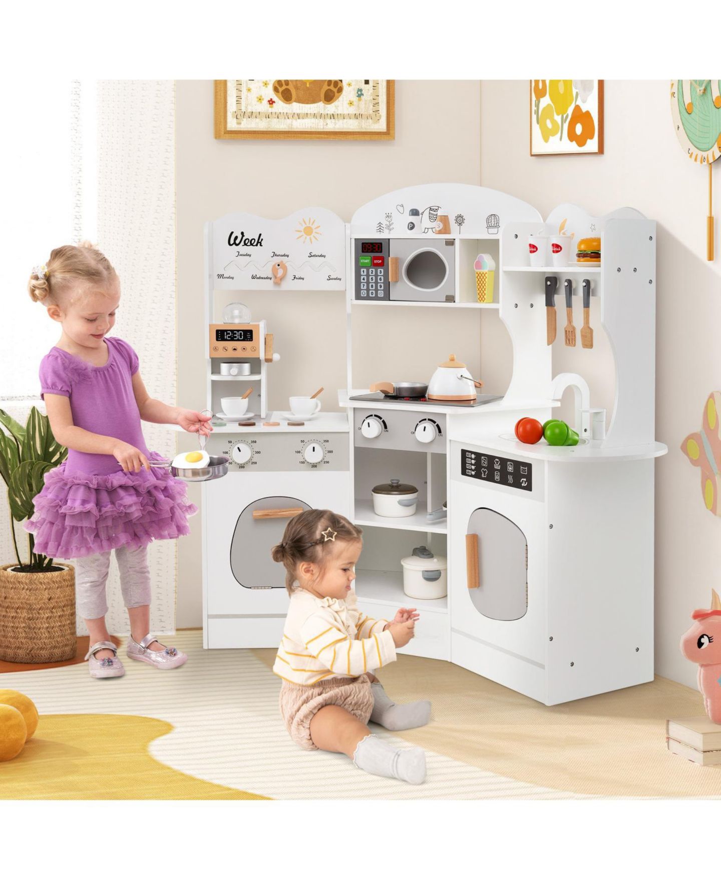 Детская игрушка HONGGE Wooden Play Kitchen with Slide and Coffee Maker, Ages 3+, цвет: Белый — фото 5