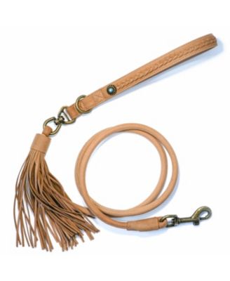 Silver-Powered Freshness Microfiber Suede Dog Leash in Camel Tan– Fringed Style with Turquoise Studs