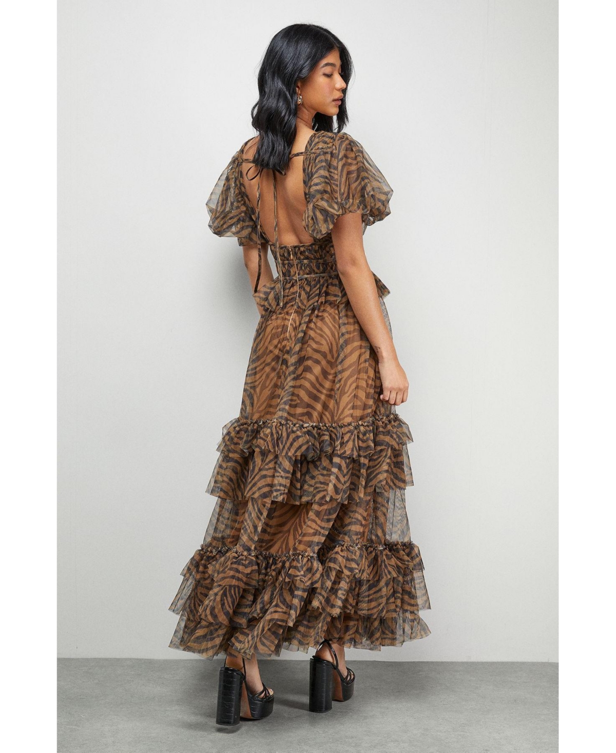 Warehouse Women's Zebra Print Tulle Ruffle Maxi Dress