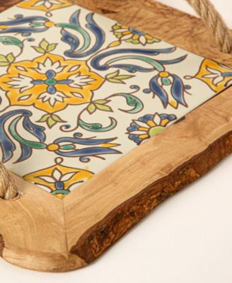 Tunisian Tile Olive Wood & Ceramic Serving Tray