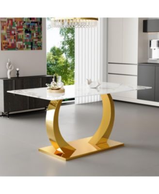 Streamdale Transformable Stainless Steel Gold Base Dining Table, 63"x35", White Glass Top