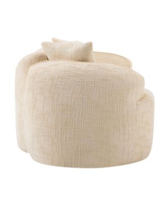 Beige curved two-person compress sofa with armrests and two pillows.