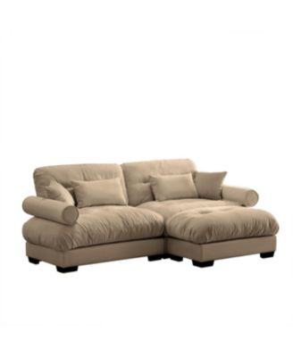 Camel Oversized Modern Velvet Two-Seater Sofa with Ottoman and Pillows