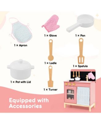 Wooden Play Kitchen for Kids with Door Curtain and Cooking Accessories - Pink