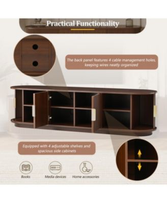 Farmhouse Black Wooden TV Stand with Sliding Tambour Door & Golden Handle