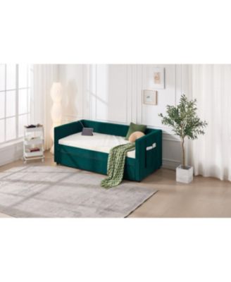 Streamdale Twin Upholstered Daybed with Trundle, USB, Side Pockets, Emerald