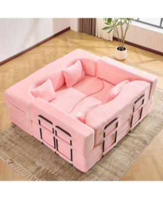 71-inch folding sofa bed, plush, high-density foam, convertible, floor sofa, pink