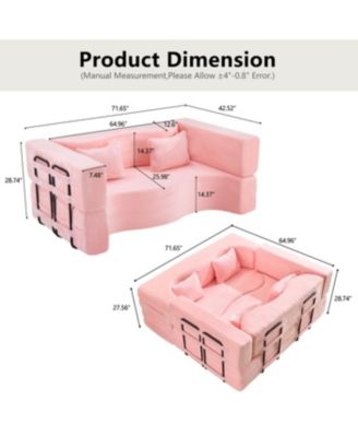 71-inch folding sofa bed, plush, high-density foam, convertible, floor sofa, pink