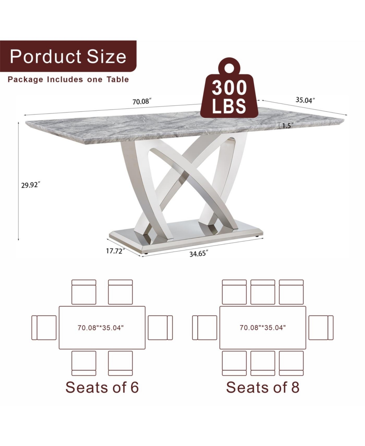 Streamdale Furniture Marble Dining Table for 6, 70" Rectangle Faux Marble Table with Stainless Steel Base