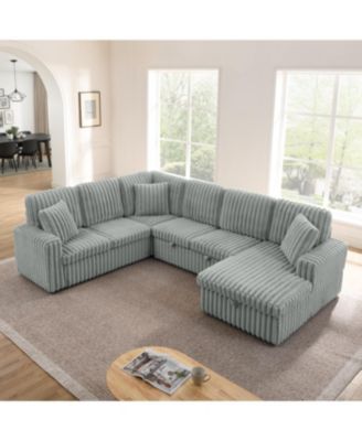 Streamdale Grey Corduroy U-shaped Sofa with Pull-out Bed & Storage Chaise