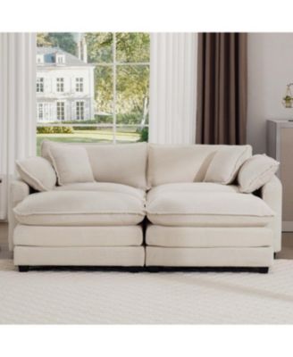 Corduroy Two-Seater Sofa with 2 Footrests/Ottoman, Light Beige