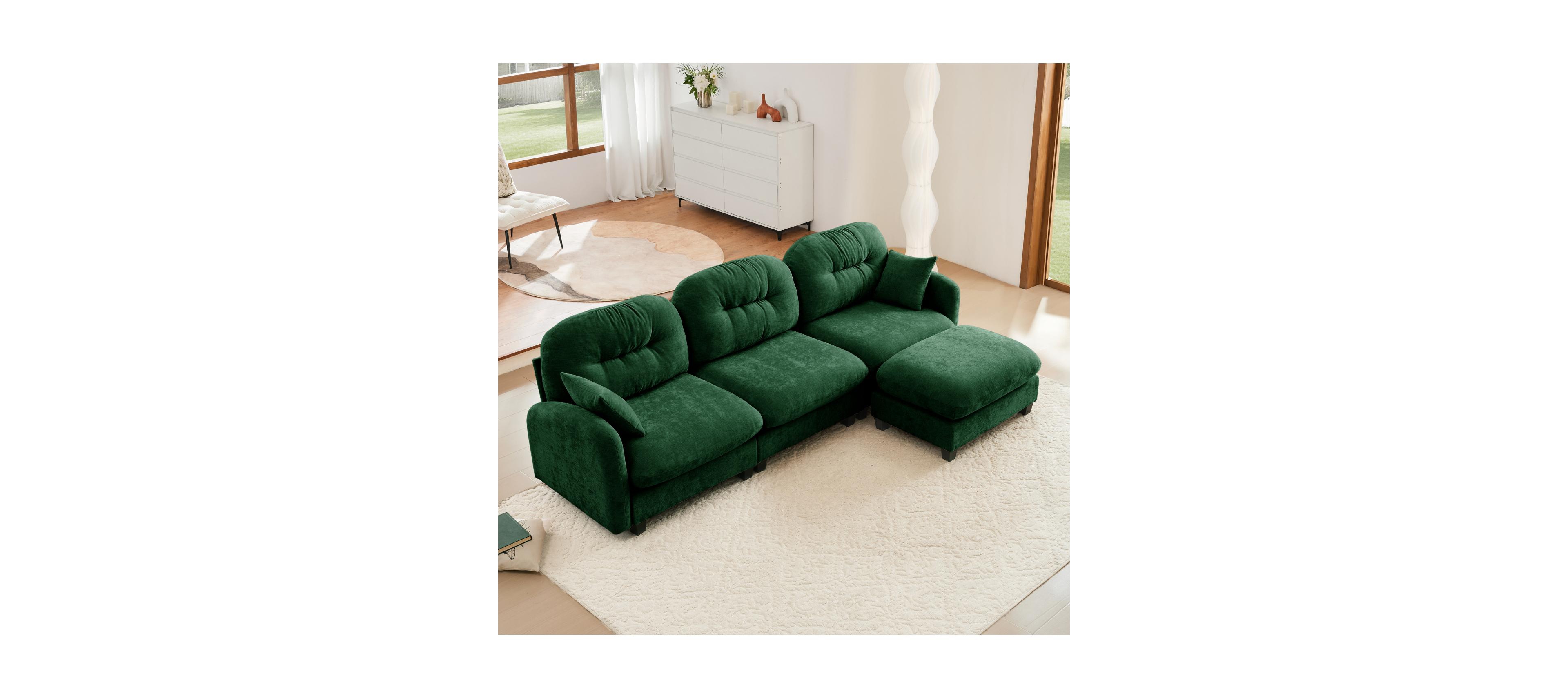 Streamdale Furniture Modular L-Shaped Sectional Couch with Ottoman in Green Chenille
