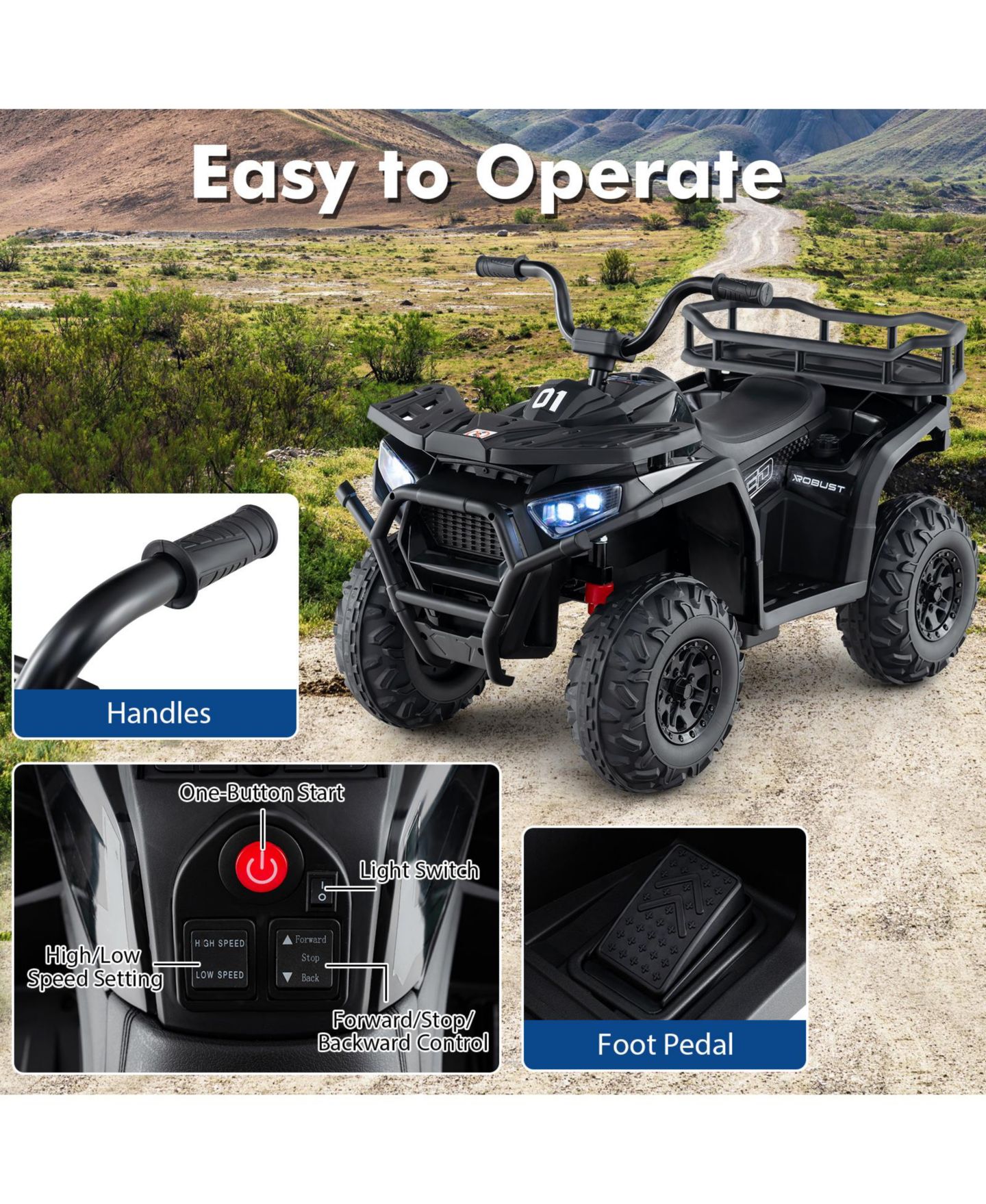 Детская игрушка HONGGE 24V Electric Ride-On Atv Quad with LED Lights, Ages 3+, цвет: Чёрный — фото 4