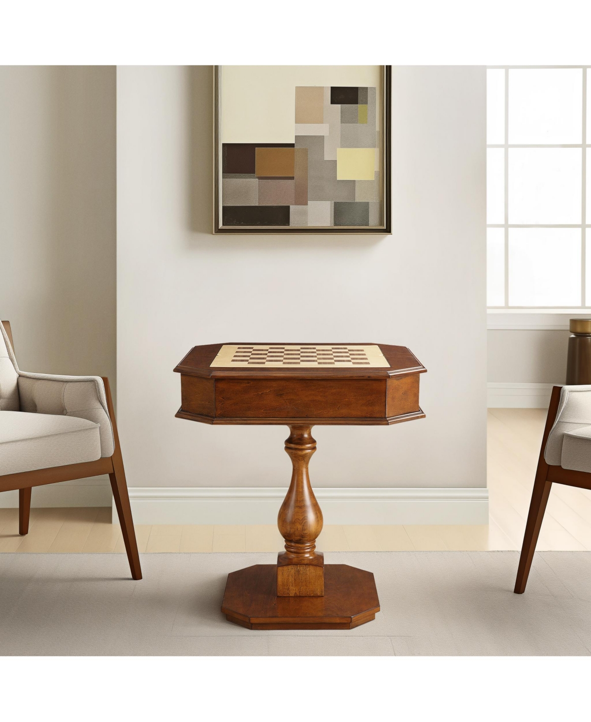 Flynama 20" Cherry-Finish Reversible Game Table with 3-in-1 Chess, Checkers & Backgammon Tray and Storage Drawers