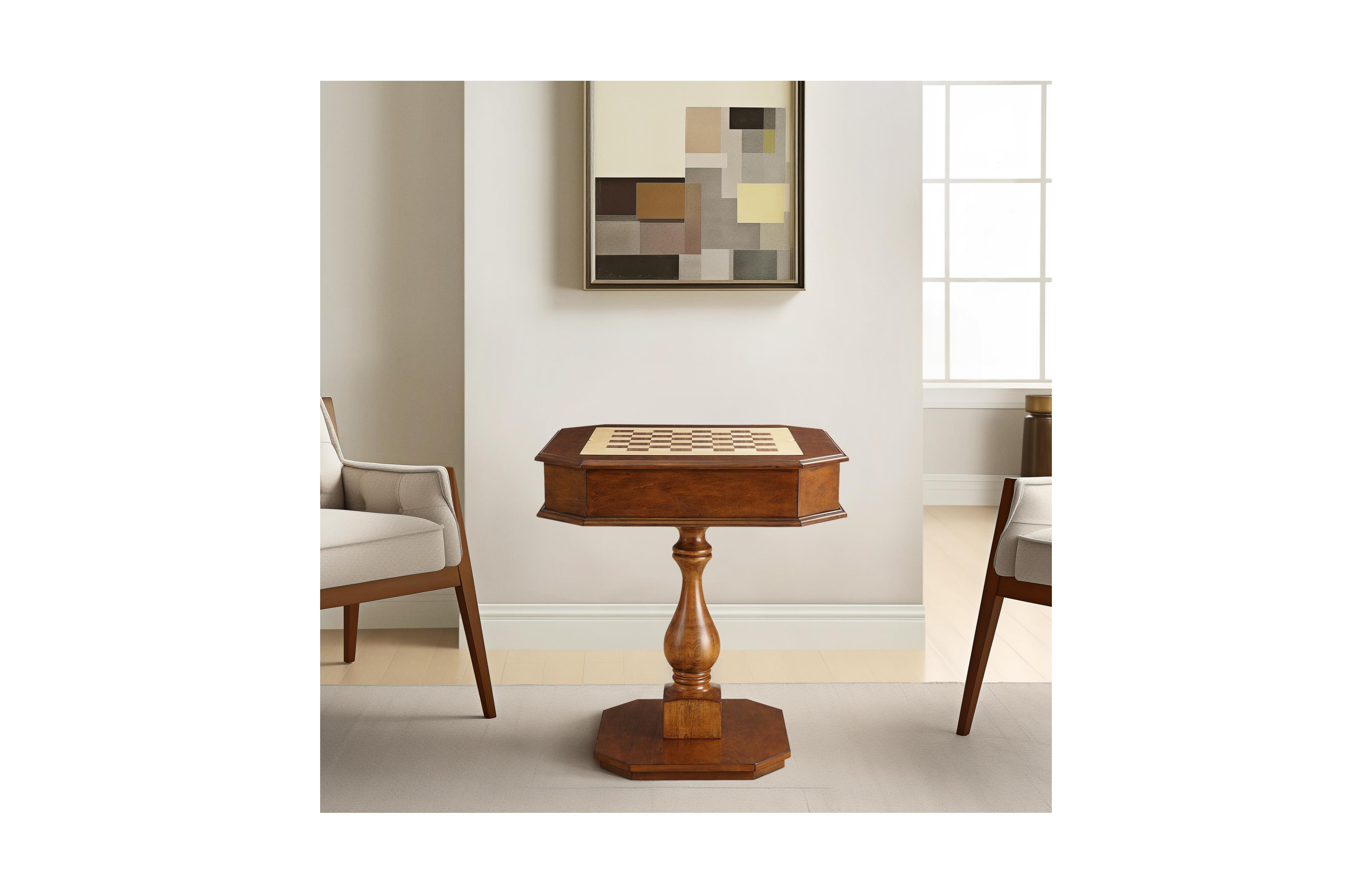 Flynama 20" Cherry-Finish Reversible Game Table with 3-in-1 Chess, Checkers & Backgammon Tray and Storage Drawers