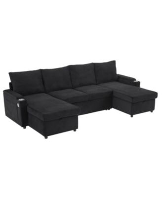 Streamdale Convertible U-Shaped Sectional Sofa with Storage, Cup Holders & USB Ports, Black