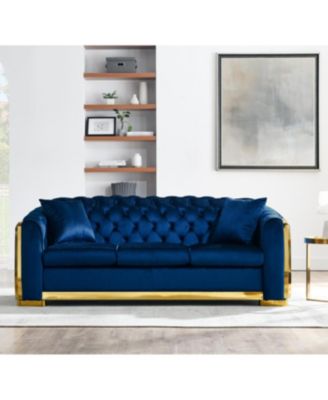 Streamdale Luxury Velvet Chesterfield Sofa Set, Tufted 3 Seat Couch with Gold Stainless, Navy Blue