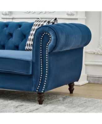 Streamdale Blue  Chesterfield Velvet Sofa with Roll Armrest & Nailhead